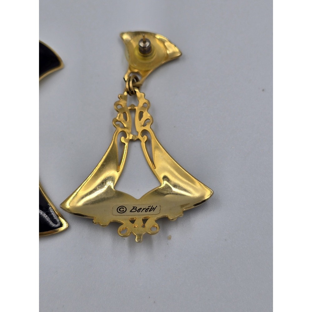 Vintage Edgar Berébi Black Enamel Gold Tone Dangle Earrings Art Deco Style - Picture 6 of 8